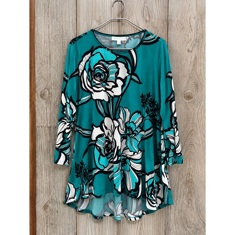 Susan Graver Teal Floral High-Low Tunic Top XL A372449 Long Sleeve Liquid Knit